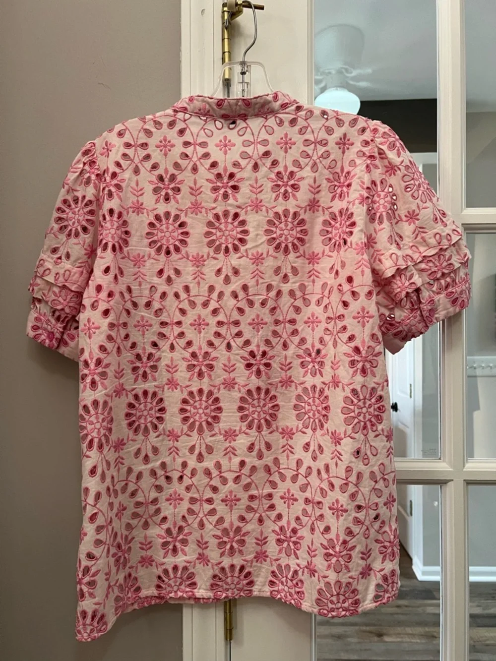 J. Crew Pink Floral cotton blend Embroidered Short Sleeve Blouse - Picture 2 of 8